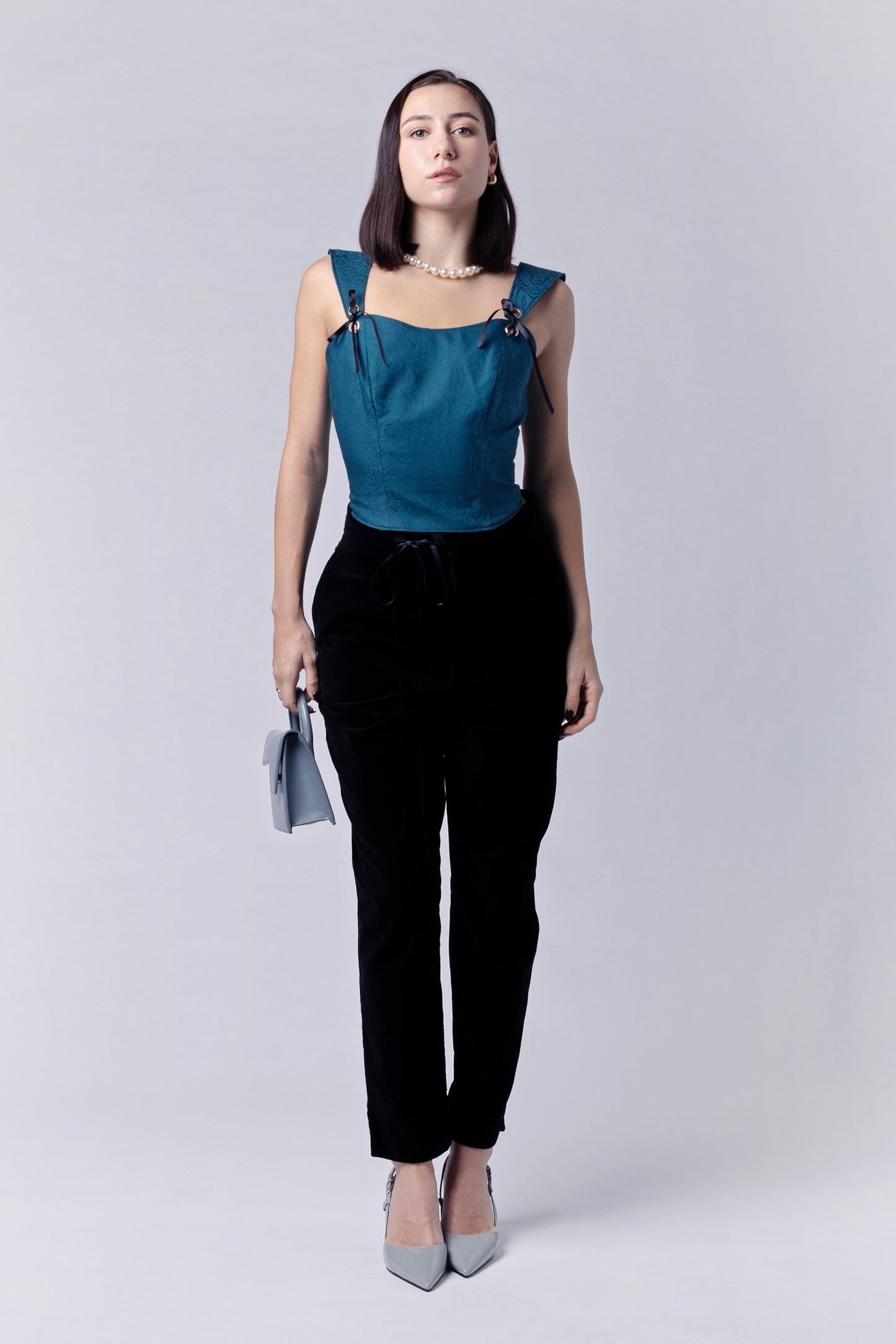 Jacquard teal corseted top