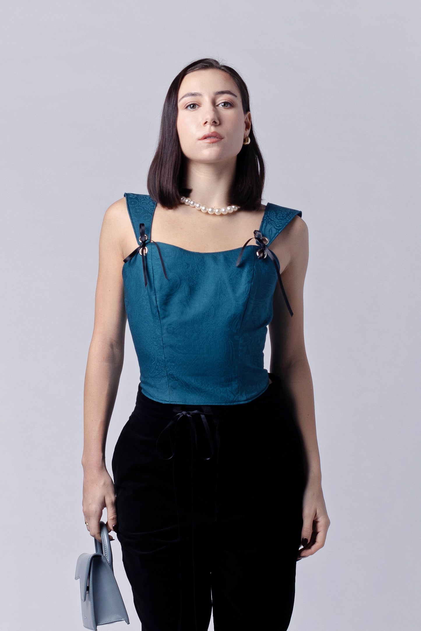 Jacquard teal corseted top