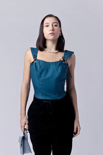 Jacquard teal corseted top