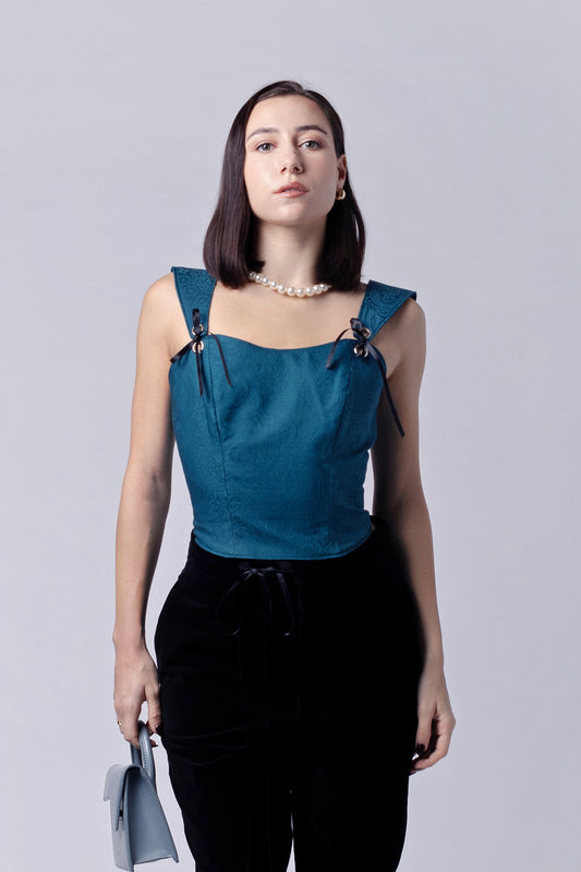 Jacquard teal corseted top