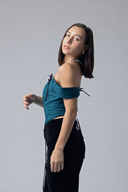 Jacquard teal corseted top