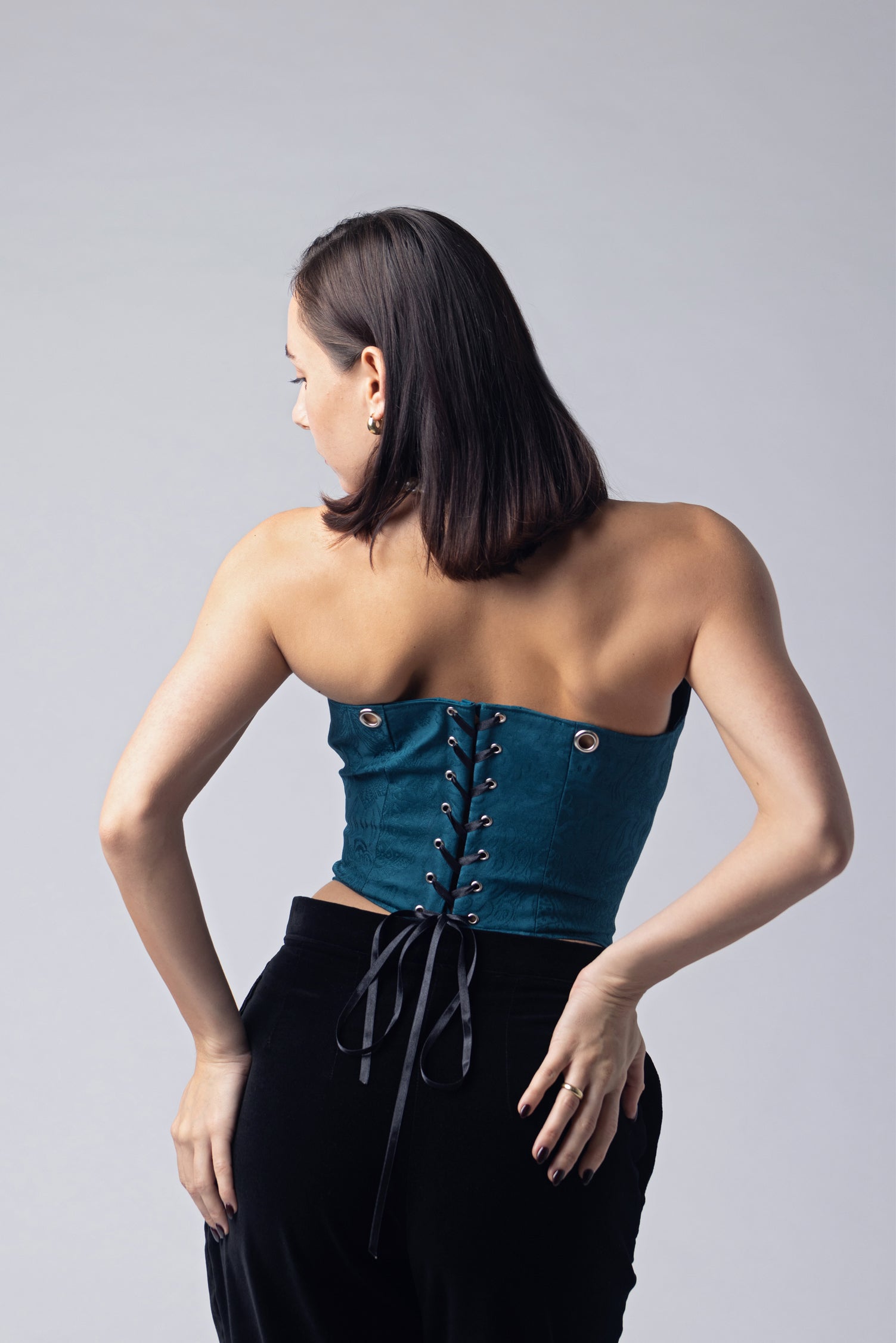 Jacquard teal corseted top – Nicole Quadrio