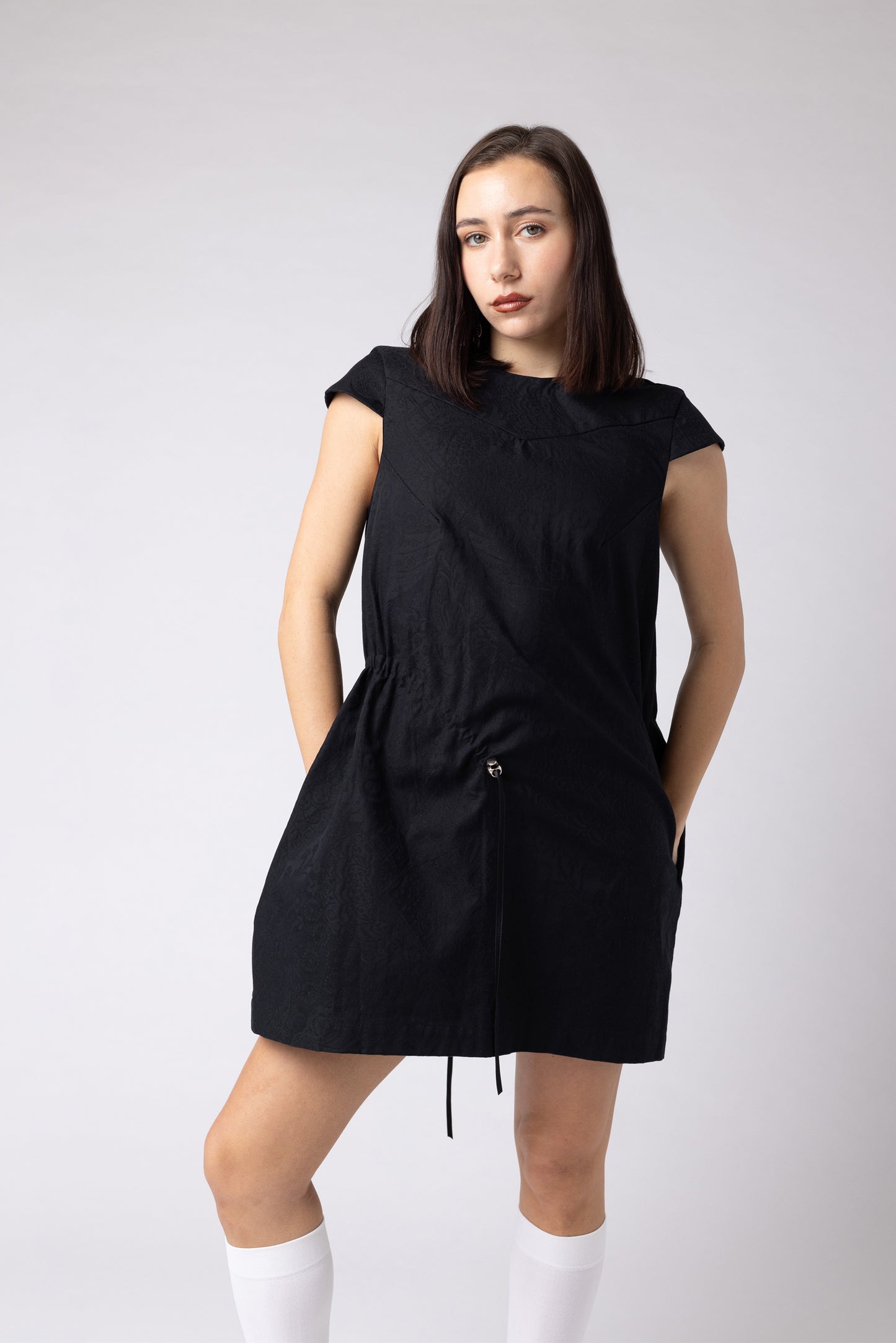 Open back asymmetrical jacquard dress