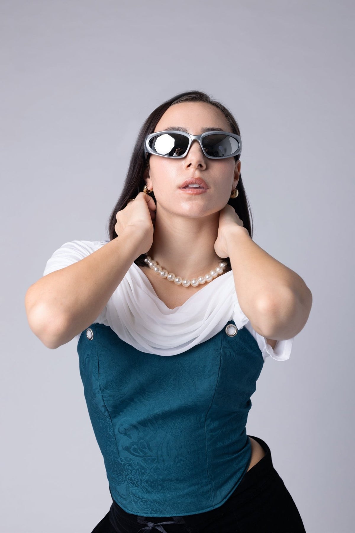 Jacquard teal corseted top - Nicole Quadrio