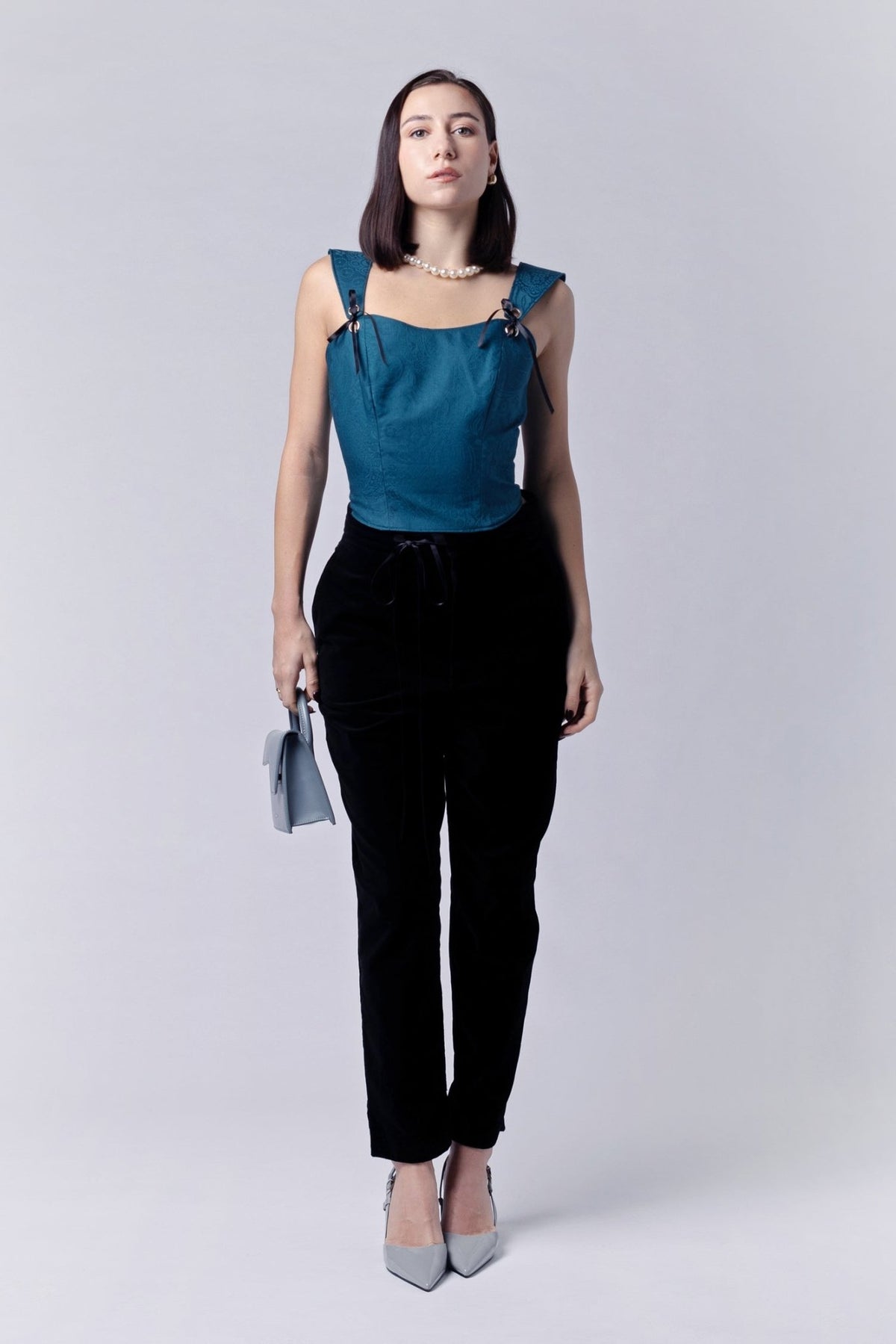 Jacquard teal corseted top - Nicole Quadrio