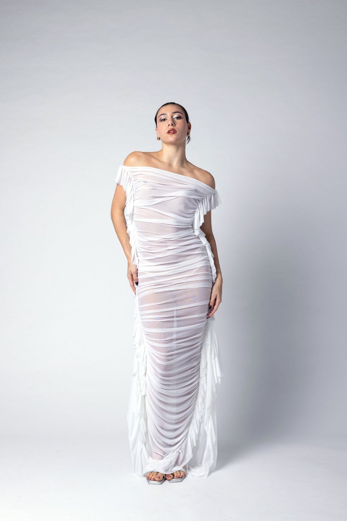 Long sheer gathered dress - Nicole Quadrio